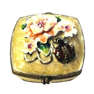 Enamel Rhinestone Flower Lady Bug  Ladybug Trinket Pill Box
